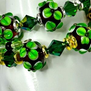 Emerald green Ab Swarovski Crystal and murano glass artisan adjustable bracelet